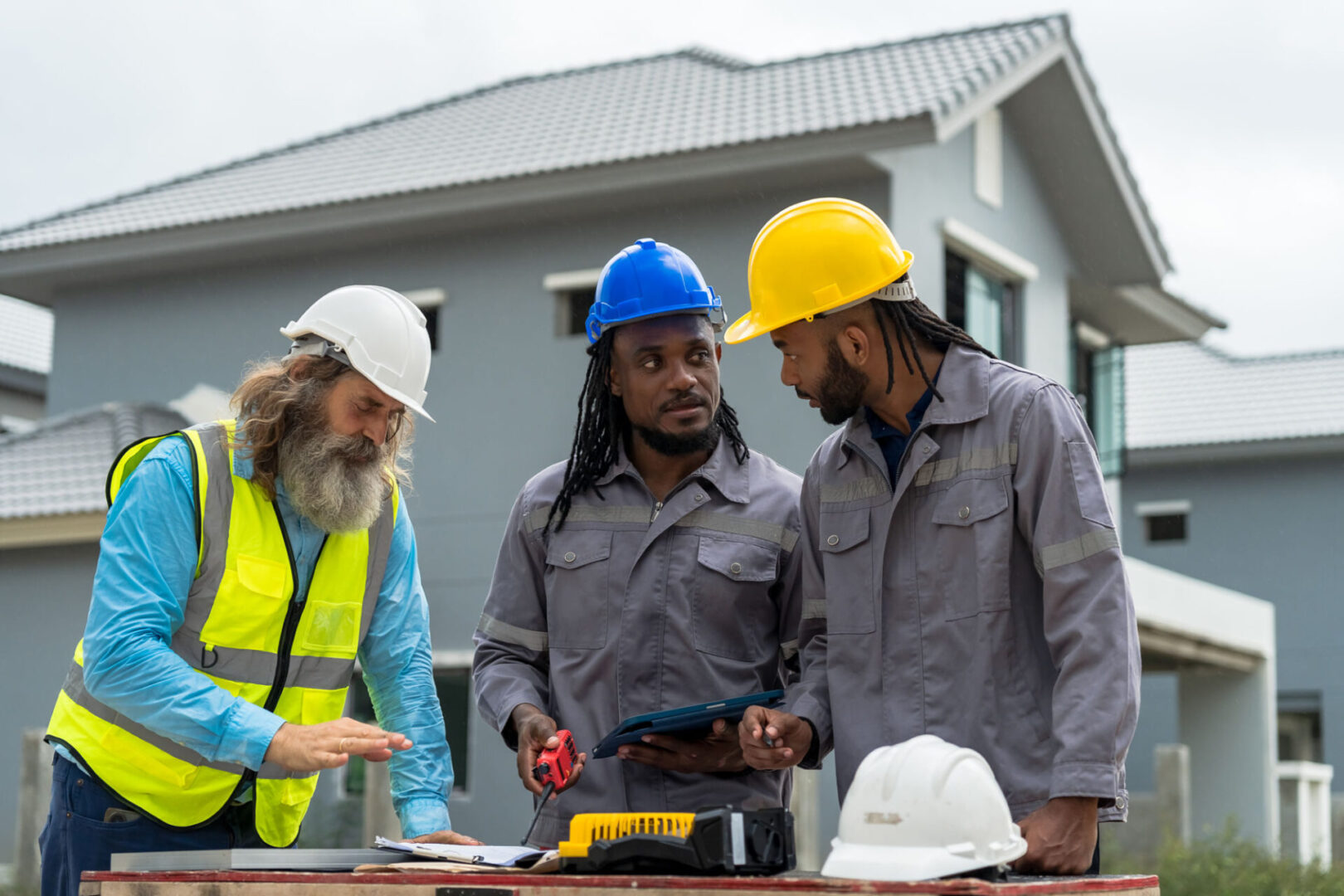 Construction workers discussing outside a building.