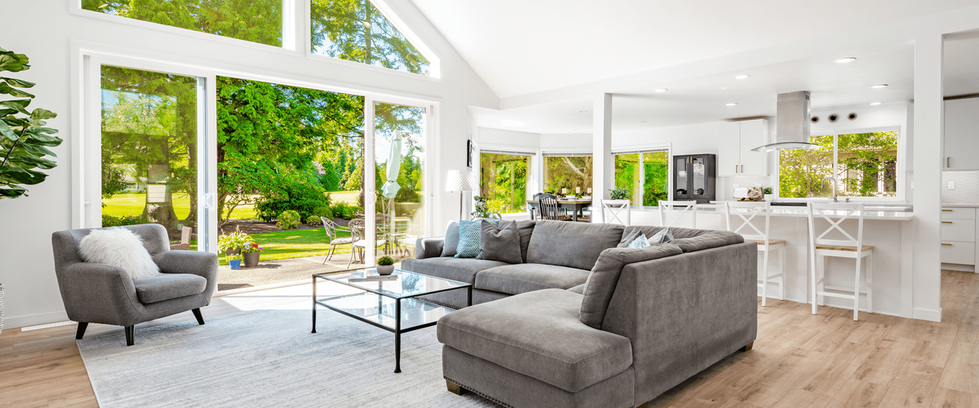 Bright modern living room with garden view.