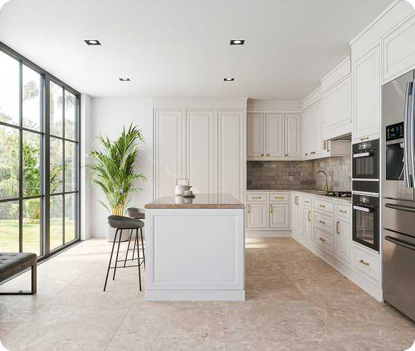 Modern kitchen with island and large windows.
