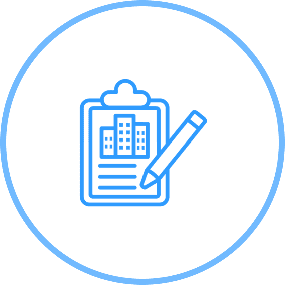 Clipboard with buildings and pencil icon.