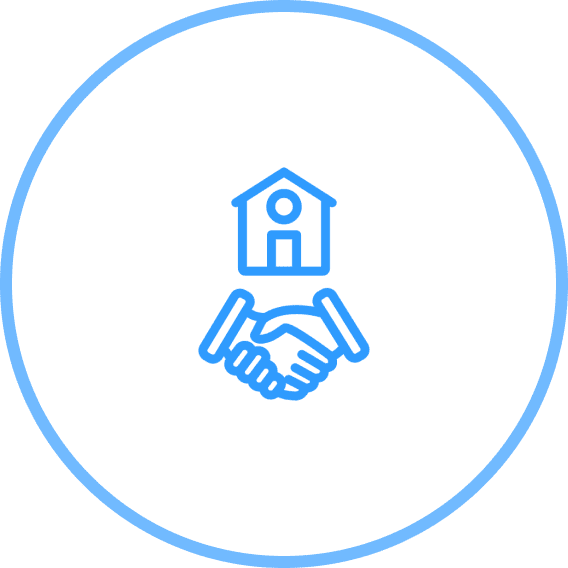 Handshake and house icon in circle.
