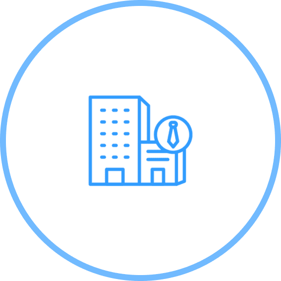 Office building with tie icon, blue outline.