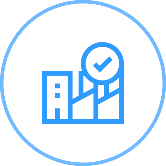 Blue building icon with check mark symbol.